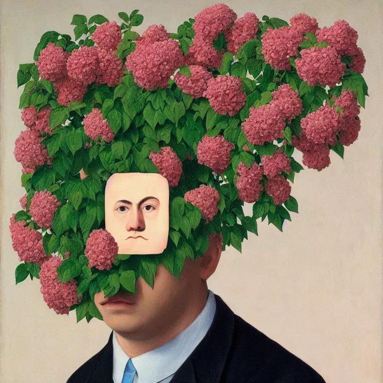 Image similar to portrait of a man, face hidden by beautiful flowers, by rene magritte, detailed painting, hd, hq, high resolution, high detail, 4 k, 8 k