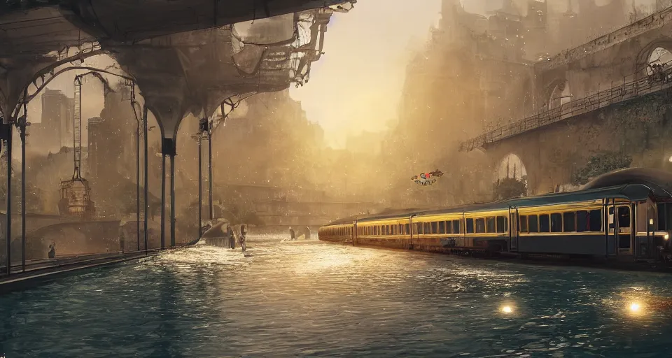 Image similar to An urban train rides inside of a waterway on a fantasy city, next to a fountain and a mystical palace,, hyperdetailed, artstation, cgsociety, golden hour 8k