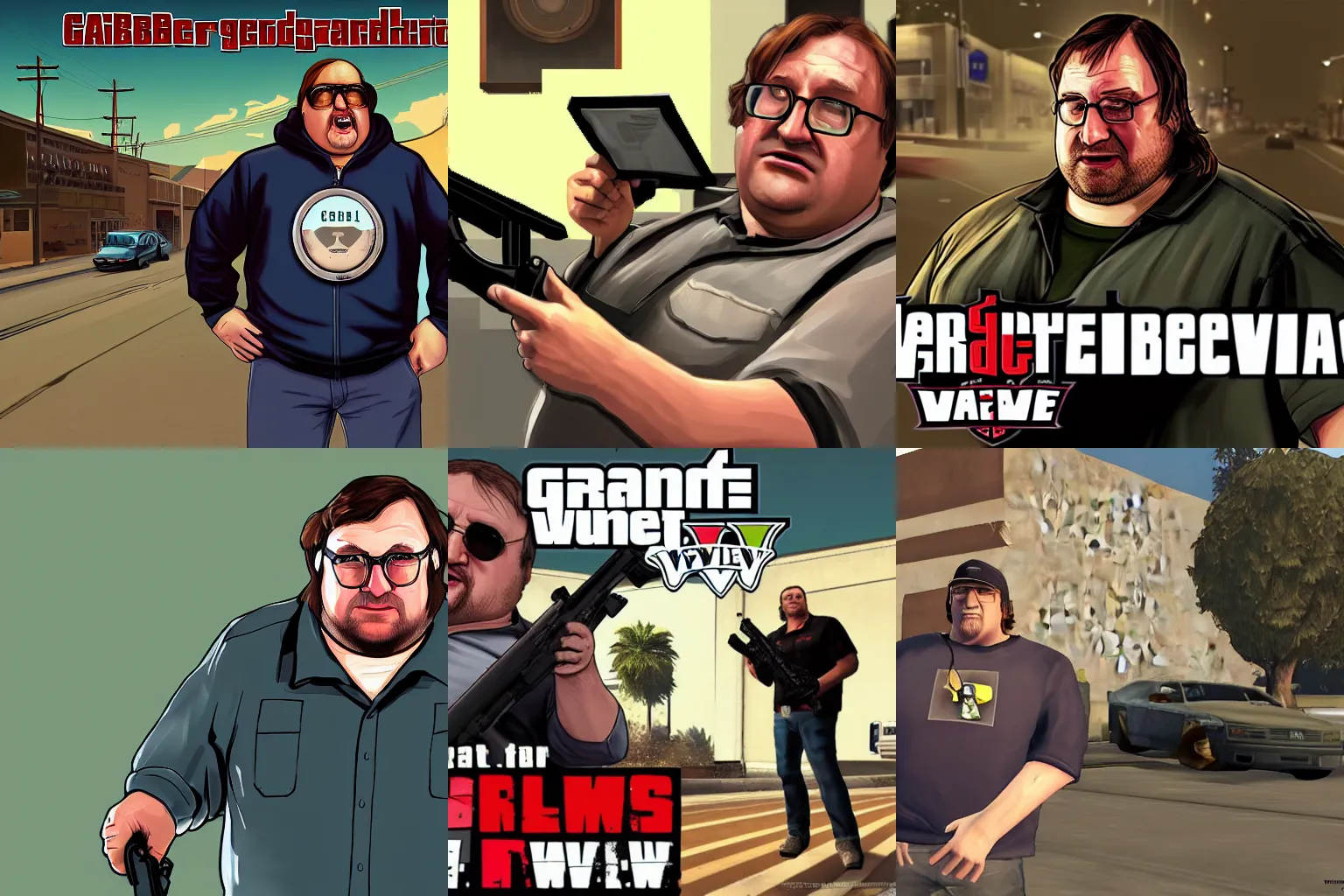 Prompt: gabe newell as a gta v splash screen