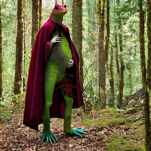 Image similar to medieval cloak wearing anthro lizard, photograph captured in the woods