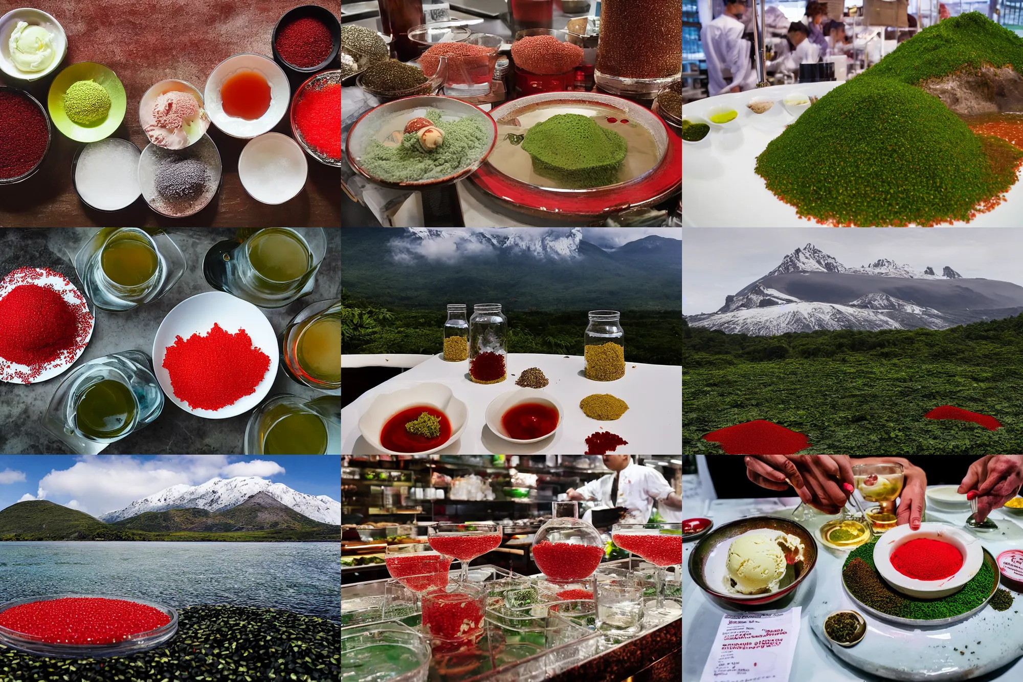 Prompt: a large island of red caviar in the center of which there are mountains with ice cream ( green house ingredient sdn bhd ), instead of coca cola water ( barley tea - boricha or mugicha, salt lakritssglass med bjornbar 2, brown water )