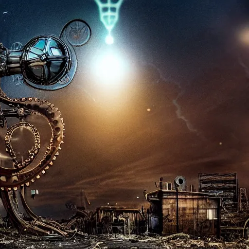 Prompt: mechanical steampunk octopus, hovering above derelict industrial area, searchlights, nighttime, full moon, cumulonimbus clouds, dramatic lighting, highly detailed, photorealistic, cinematic