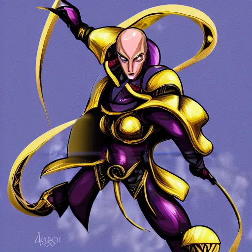 Image similar to illustration of male antimage, gold accents, in the style of yoshitaka amano