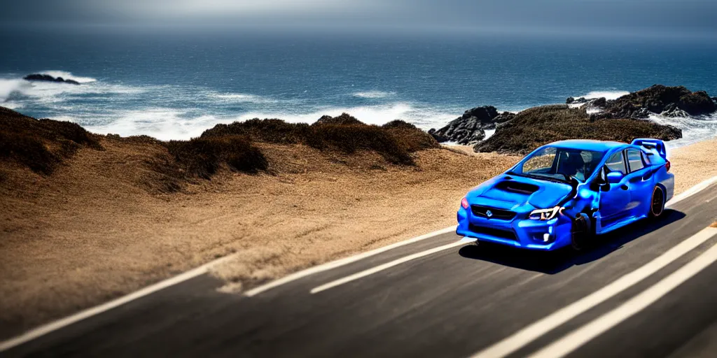 Image similar to photograph, 2015 Subaru WRX STi, cinematic, PCH, california coast, ocean view, 8k, depth of field, bokeh.