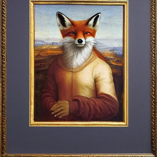 Image similar to the renaissance painting framed on a wall, except it is of an anthropomorphic male fox in a Victorian suit