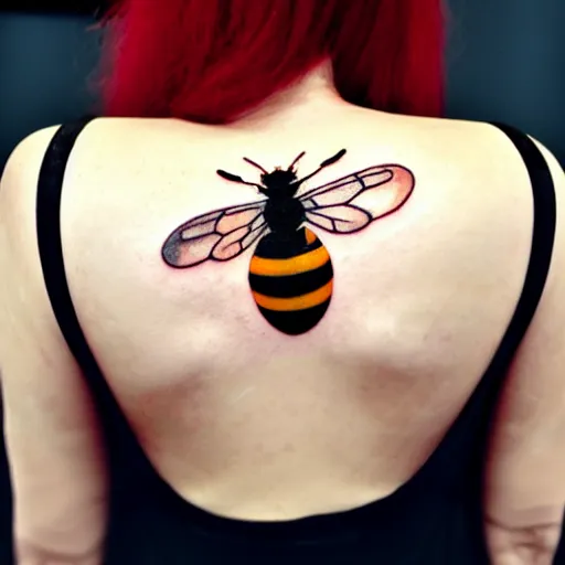 Prompt: a tattoo of bee movie on the beautiful back of a woman with crimson - red hair, anonymous, cinematic lighting, beautiful composition