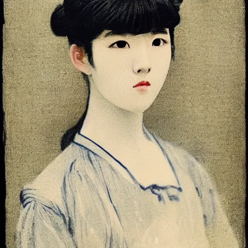 Prompt: painting of grumpy handsome beautiful man in his 2 0 s named min - jun in a french female maid outfit, modern clothing, elegant, clear, painting, stylized, delicate facial features, stylized thin lines, soft but grumpy, highly detailed, art, art by egon alphonse yamamoto