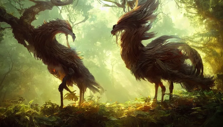 Image similar to A beautiful painting of a griffin in a magical forest, ray traced sun light, by Cindy Avelino and Kalin Popov , Trending on artstation HD.