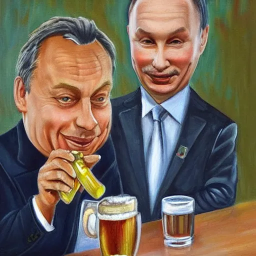 Prompt: viktor orban drinking beer with putin, anatomically correct, oil painting, highly detailed