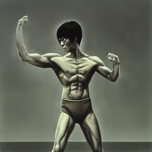 Prompt: Bruce Lee by Zdzisław Beksiński