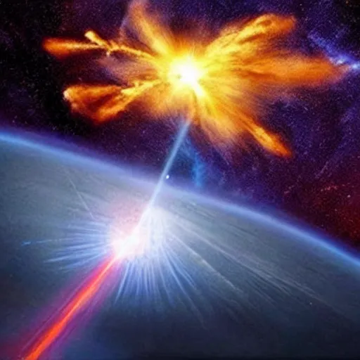 Image similar to look in the sky, you can see an enormous alien ship firing a plasma beam at the earth’s surface! The beam causes a huge explosion that rips the ground up into the air with a giant shockwave