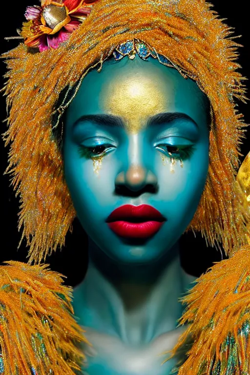 Prompt: hyperrealistic post - symbolist cinematic very beautiful! oshun goddess with white eyes, yoruba body paint, dripping droplet lips, gold flowers, highly detailed digital art masterpiece, smooth etienne sandorfi eric zener dramatic pearlescent soft teal light, ground angle uhd 8 k, sharp focus