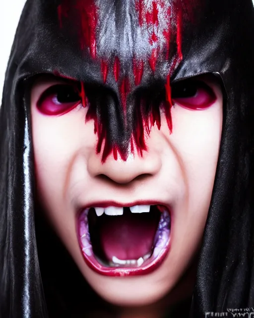 Image similar to beautiful female asian vampire ninja showing her fangs, in a menacing pose, award - winning 4 k photograph, dark and creepy lighting