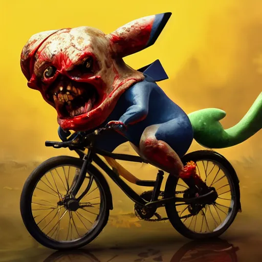 Image similar to zombie pikachu riding a bicycle, cinematic, cinematic lighting, trending on Artstation, Cgsociety, detailed, 4k, very realistic