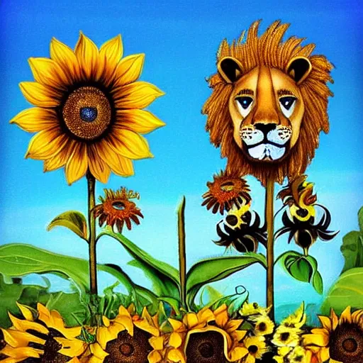 Image similar to lions and sunflowers 🌻🌫 in the style of salvador dali