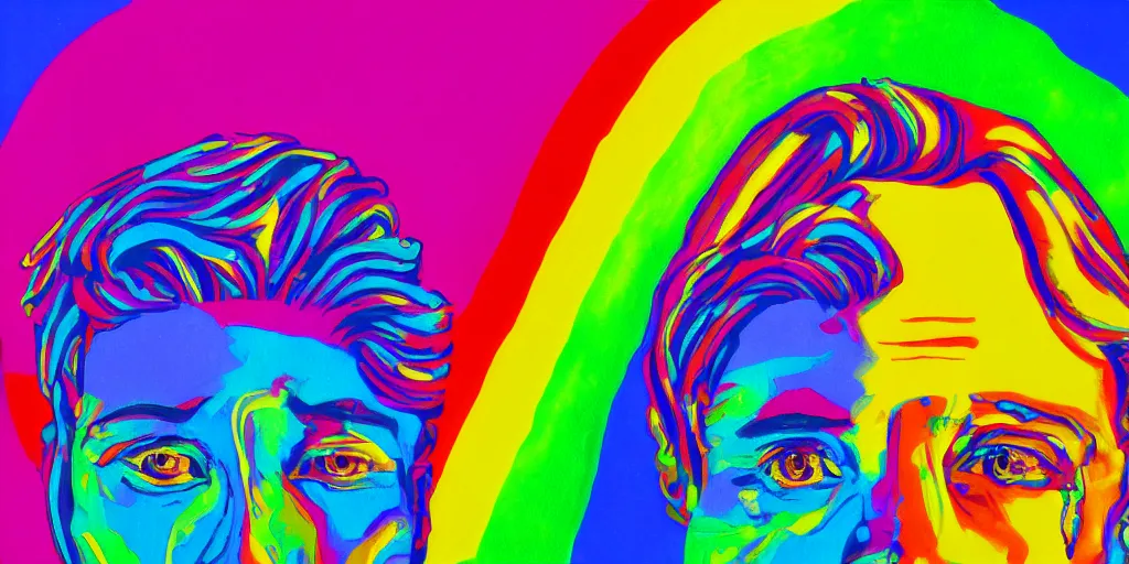 Image similar to a painting of a human head with a rainbow in the background, a pop art painting by Lisa Frank, shutterstock contest winner, psychedelic art, psychedelic, colorful, vivid colors