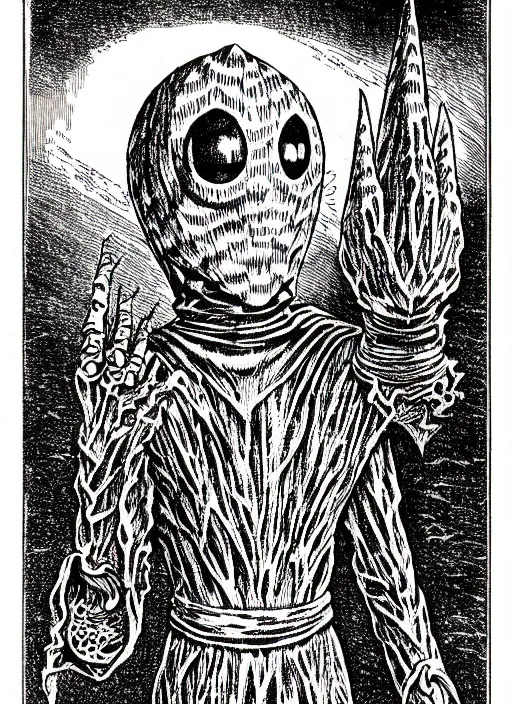 Prompt: the flatwoods monster as a d & d monster, full body, pen - and - ink illustration, etching, by russ nicholson, david a trampier, larry elmore, 1 9 8 1, hq scan, intricate details, inside stylized border