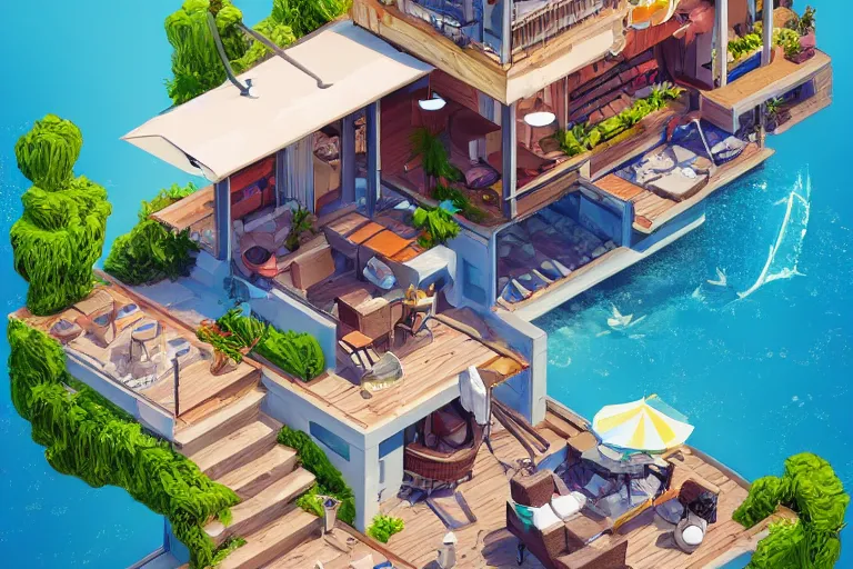 Image similar to a villa with a balcony beside the sea, umbrella, table, juice and liquid, recliner, isometric art, bright, artstation, highly detailed, cinematic lighting + masterpiece