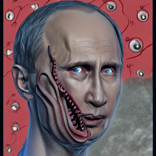 Prompt: bodyhorror portrait of vladimir putin who became a giant retarded lovecraftian worm, photo - realistic, color image, 2 k, highly detailed