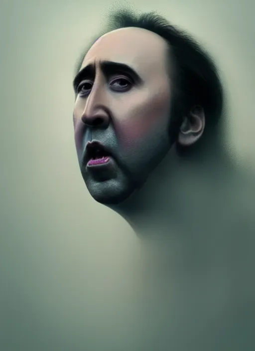 Image similar to an ethereal, misty portrait of a screaming nicolas cage whose face is accented with iridescent makeup. the makeup floats off his face and joins swirling clouds of smoke and fog, becoming the declaration of independence. muted tones. surreal portrait, cinematic lighting, 8 k, smooth, sharp focus, digital painting, rendered in octane, painted by tom bagshaw, artgerm