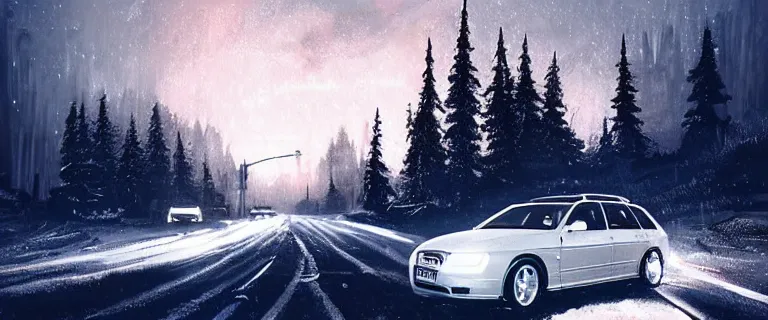 Image similar to Audi A4 B6 Avant (2002), a gritty neo-noir, dramatic bright lighting, cinematic, establishing shot, extremely high detail, photorealistic, cinematic lighting, artstation, by simon stalenhag, Snowy ukrainian road, At night, Poets of the Fall - Late Goodbye