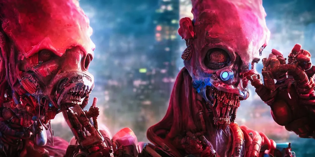 Image similar to a cyberpunk chtulhu creature enjoying a popsicle, closeup, fallout 5, studio lighting, deep colors, apocalyptic setting, vertically mirrored city in background