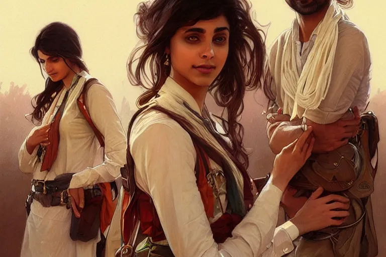 Prompt: Anxious good looking pale young Indian doctors wearing Western clothes at the airport, portrait, elegant, intricate, digital painting, artstation, concept art, smooth, sharp focus, illustration, art by artgerm and greg rutkowski and alphonse mucha