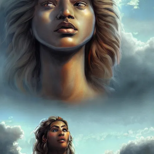 Image similar to a colossal goddess is watching us from above, creative, brown skin, giant, digital art, highly detailed, photo manipulation, dark clouds, covered in clouds, covered by clouds, dark gray hair, digital painting, artstation