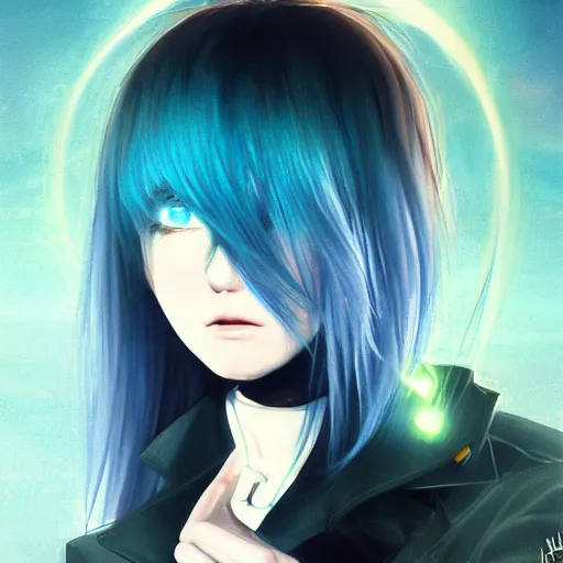 Image similar to full face shot of rimuru tempest, sky blue straight hair, long bangs, with amber eyes, wearing a black jacket, high collar, ultra detailed, concept art, award winning photography, digital painting, cinematic, wlop artstation, closeup, pixiv, evil, yoshitaka amano, andy warhol, ilya kuvshinov,