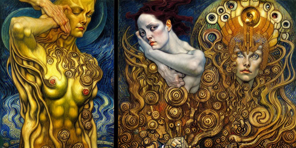 Image similar to Divine Chaos Engine by Karol Bak, Jean Delville, William Blake, Gustav Klimt, and Vincent Van Gogh, symbolist, visionary