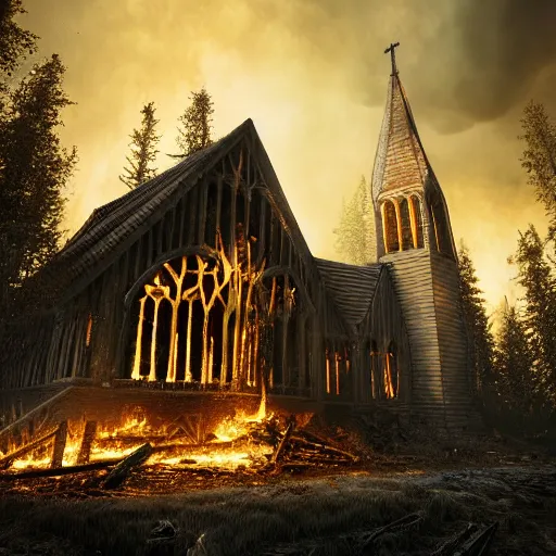 Image similar to hyperrealistic photograph of the norway wood churches burned to the ground, fire, giant bones, skeletons, dim volumetric lighting, octane beautifully detailed render, extremely hyper detailed, intricate, epic composition, cinematic lighting, masterpiece, trending on artstation, very detailed, stunning, hdr, smooth, sharp focus, high resolution, award, winning photo