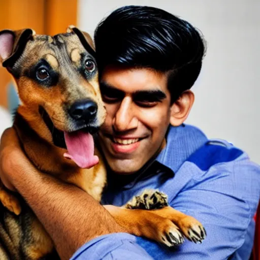 Image similar to rishi sunak holding a dog, photorealistic