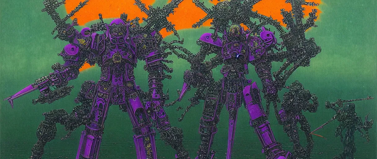 Prompt: composition of gothic and futuristic, warhammer, cyber japan armor, many scars, many mechflowers, thunderstorm, green head, some orange and purple, the middle ages, highly detailed, artstation, in the style of moebius, jugendstil and classic japanese print, psychedelic, art by jean delville and don lenzer