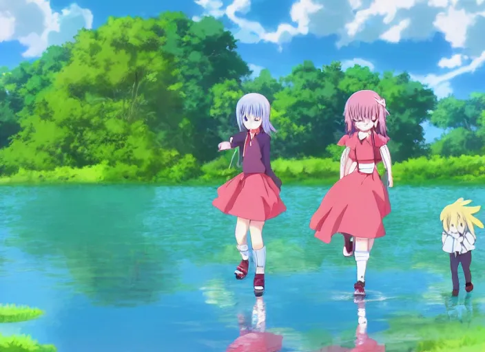 Image similar to anime screenshot pattern, anime family enjoying the scenery of a lake. original cute girl doing cute things / iyashike / slice life gainax 4 k ultrahd award winning