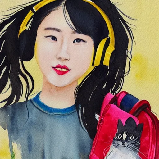 Prompt: cute Chinese young woman with headphones and a yellow backpack in New York, she has a cat, highly detailed watercolor painting