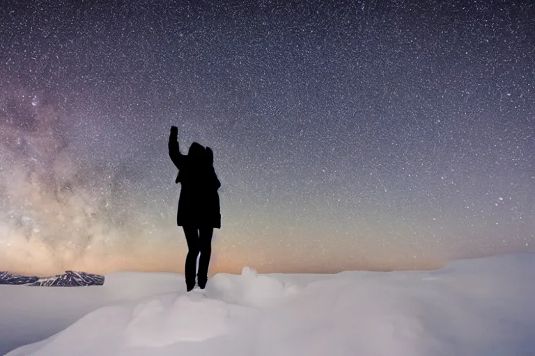 Prompt: a girl standing on a rock in snow and looking up at the milky way