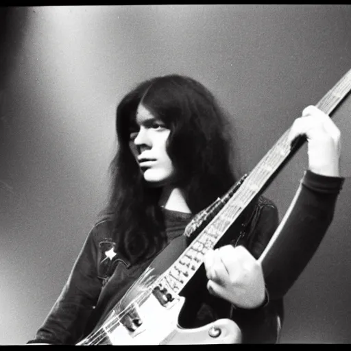 Image similar to 19-year-old girl, long shaggy black hair, playing electric guitar, stoner rock concert, proto-metal, doom metal, live on stage, super 8mm, 1973