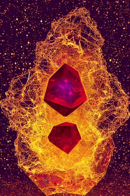 Prompt: A single elemental fire crystal covered in organic shapes and glowing with power, Sitting alone, Surrounded by darkness, concept art, illustration, burning hot. Magic Stone. Ruby Stone. Gold. Crystal structure. Symmetrical. Spirals. Melting. Honey. Intricate. Hyper Real. 4K. Octane Render. Refraction. Caustics. Empty Background. Black Background. No Background. Seriously, no background.
