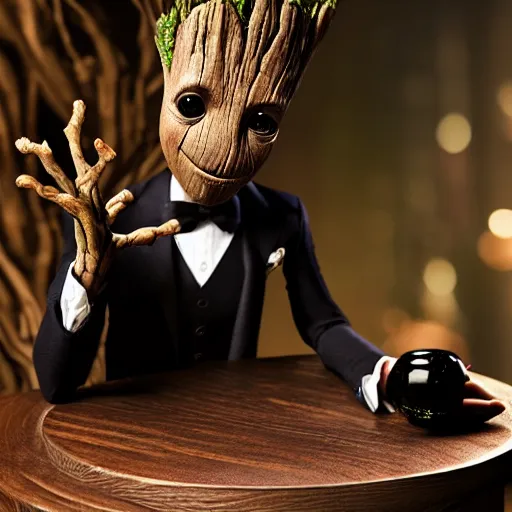 Prompt: realistic groot as a gentleman wearing tuxedo drinking wine, 1 0 0 mm, photorealistic, movie shot, studio lighting, 8 k