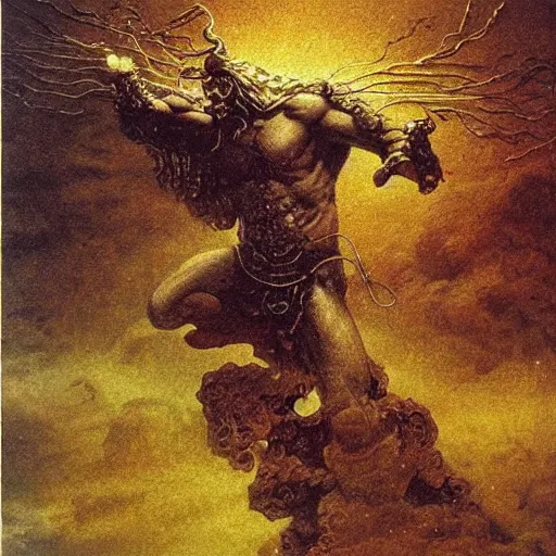 Image similar to zeus in golden thunder armor, wielding ornamented thunder bolt, beksinski