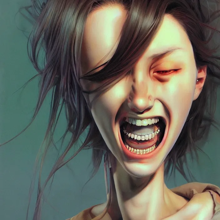 Image similar to nice quality and nice everything painting of a nice portrait of the popular girl at the psych ward laughing at the viewer, by Katsuhiro Otomo, Yoshitaka Amano, Nico Tanigawa, and Artgerm rendered with 3D effect.