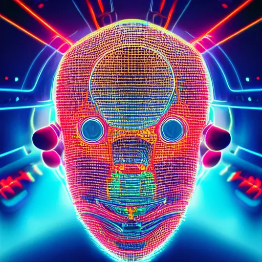 Image similar to hyperdetailed portrait of a futuristic atompunk robot head, 8 k, symetrical, flourescent colors, halluzinogenic, multicolored tshirt art, black background