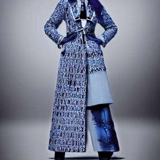 Image similar to fashion 2 0 5 0 fantastic openwork long coat with intricate pattern on a beautiful symmetrical girl with blue hair, hyper realistic photos