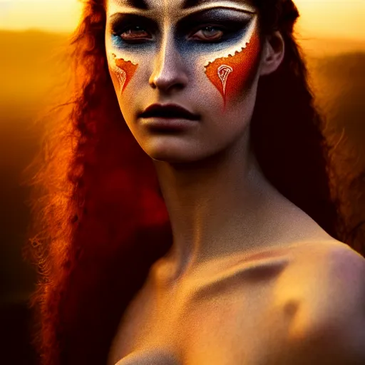 Image similar to photographic portrait of a stunningly beautiful renaissance female with tribal gothic makeup in soft dreamy light at sunset, contemporary fashion shoot, by edward robert hughes, annie leibovitz and steve mccurry, david lazar, jimmy nelsson, breathtaking, 8 k resolution, extremely detailed, beautiful, establishing shot, artistic, hyperrealistic, beautiful face, octane render