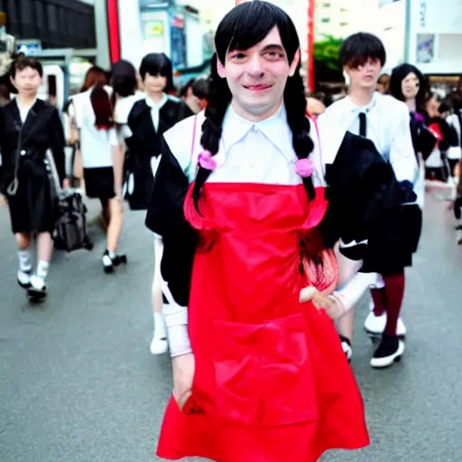 Image similar to martin shkreli in maid uniform at harajuku tokyo street fashion event, a professional high quality photo from vogue magazine