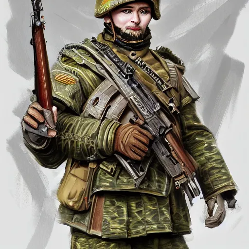 Image similar to ukrainian soldiers in traditional uniform, happy, concept art, trending on artstation, highly detailed, intricate, sharp focus, digital art, 8 k