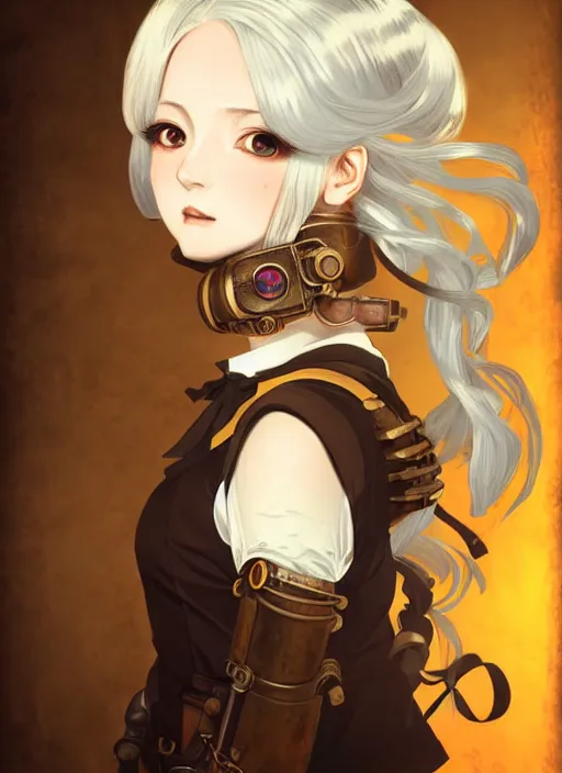 Image similar to portrait Anime girl steampunk, cute-fine-face, white-hair pretty face, realistic shaded Perfect face, fine details. Anime, steampunk, bioshock. realistic shaded lighting by Ilya Kuvshinov and Gustav Klimt