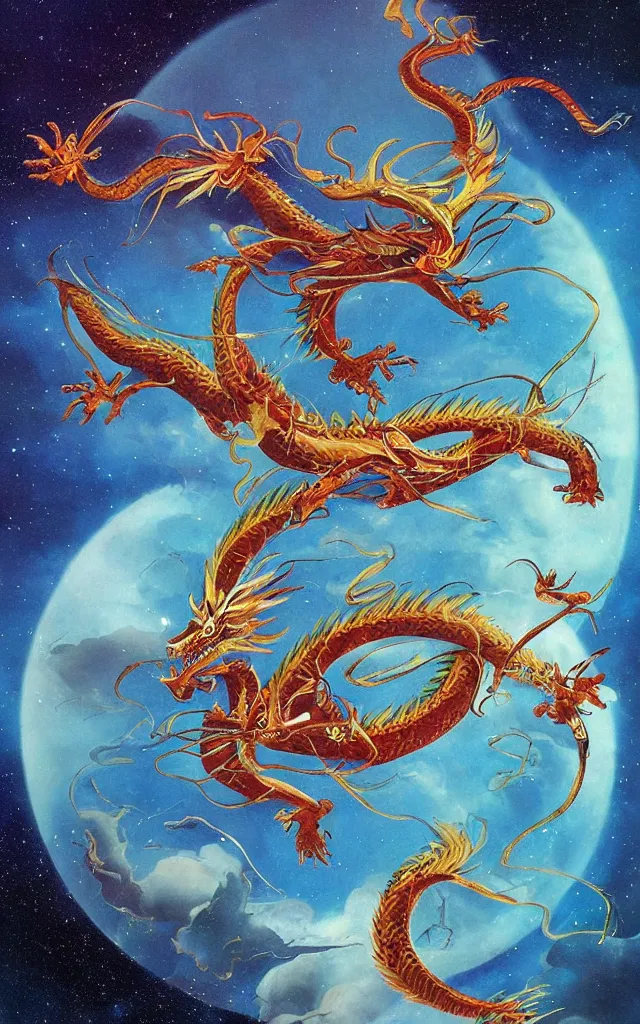 Image similar to chinese dragon flying through the galaxy, epic, legendary, cinematic composition, stunning atmosphere by james jean by roger dean by lee madgewick