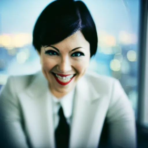 Prompt: a portrait photograph of a smug woman executive in a business dress in a board room with vampire fangs, black hair, low light, highly detailed, night skyline outside window in background, 4 k, cinestill 8 0 0 t, exif, photography by andreas franke