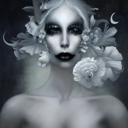 Image similar to By Tom Bagshaw, ultra realist soft painting of a curiosities carnival by night, very beautiful female dollpunk in full gothic dress, symmetry accurate features, very intricate details, omnious sky, black and white, volumetric light clouds